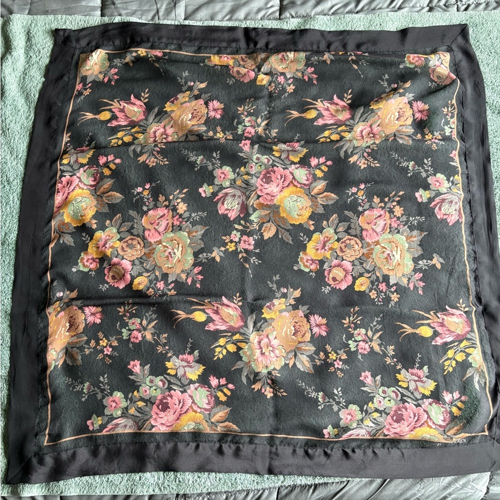 Ralph Lauren Airy Floral Black Silk Scarf - Approx. 35x35in/90cm
